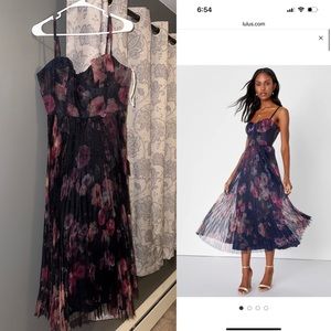 Lulus alluring Invite Midnight Blue Floral Pleated Bustier Midi Dress